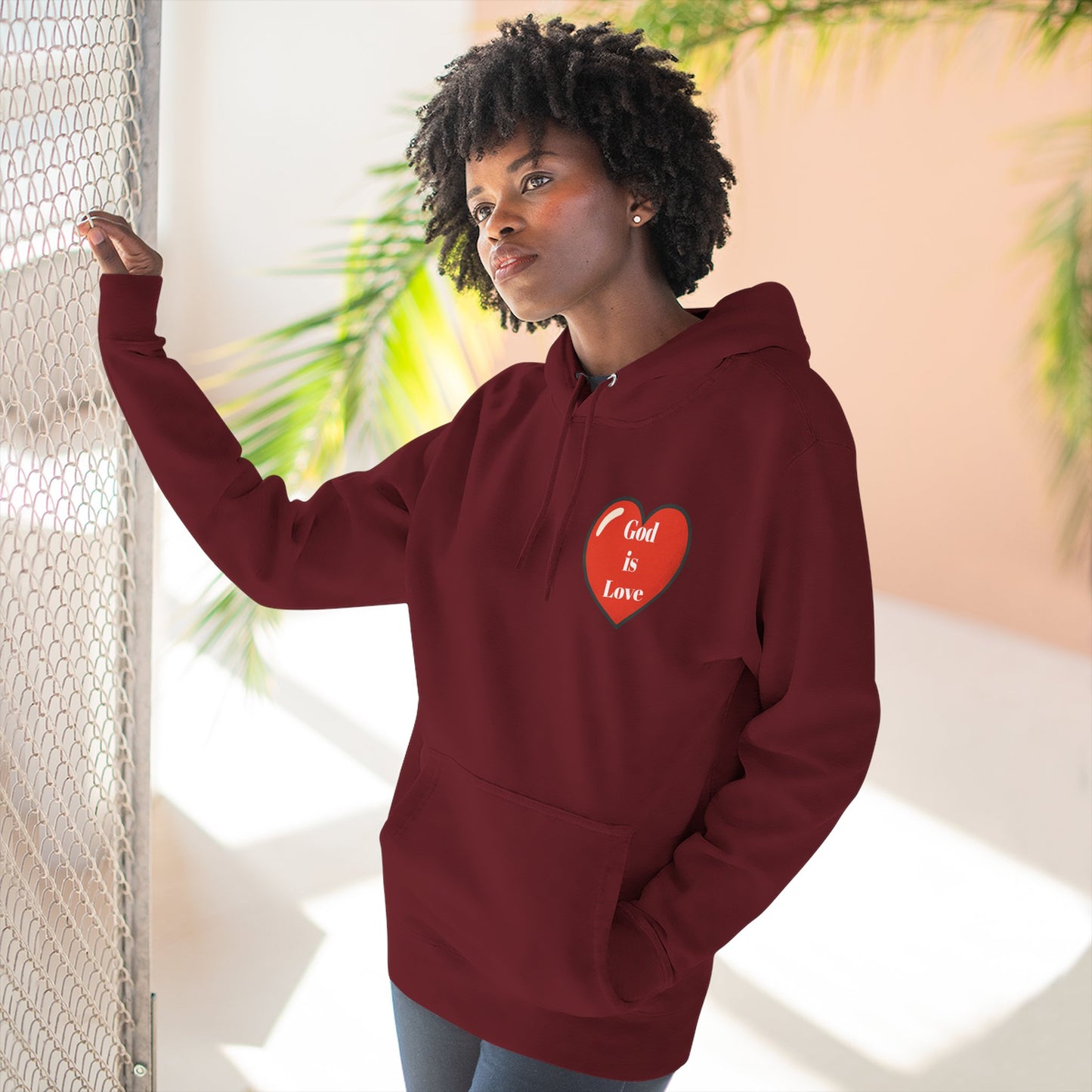 Three-Panel Fleece Hoodie with Heart and Love Design, Cozy Gift for Valentine's Day, Wearable Art, Comfort Wear, Affirmation Clothing
