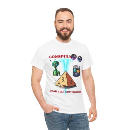 Unisex Heavy Cotton Tee - Conspiracy Theories Graphic Shirt, Casual Gift, Everyday Wear, Cool Tees for Men and Women, Unique Gift Idea