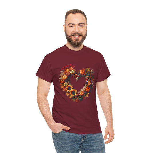 Heartfelt Love Fall Unisex Heavy Cotton Tee, Autumn Gift, Cozy Fall Style, Seasonal Tee, Heart Design, Casual Wear