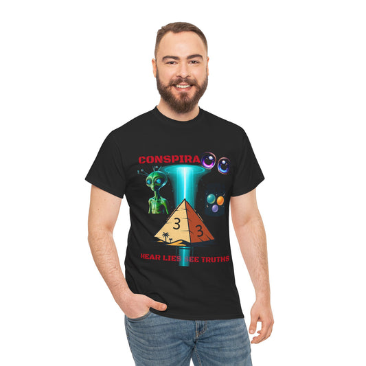 Unisex Heavy Cotton Tee - Conspiracy Theories Graphic Shirt, Casual Gift, Everyday Wear, Cool Tees for Men and Women, Unique Gift Idea